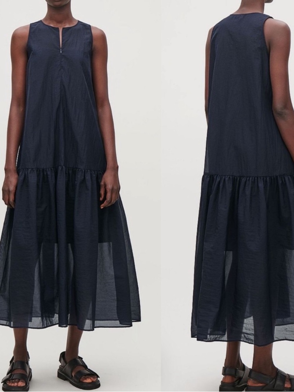 COS Double-Layer A-Line Gathered Dress Navy Blue Women's Size 14